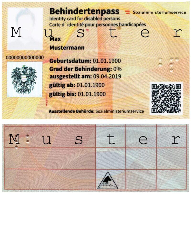 Es zeigt den Behindertenpass vorne und hinten mit dem Pictogramm für Assistenzhund